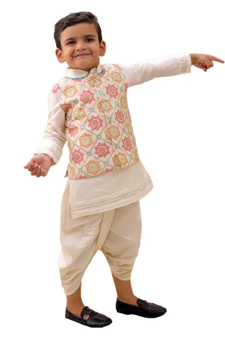 Buy_Lil Drama_Off White Polyurethane Embroidery Mishti Floral Pattern Nehru Jacket Kurta Set_Online_at_Aza_Fashions