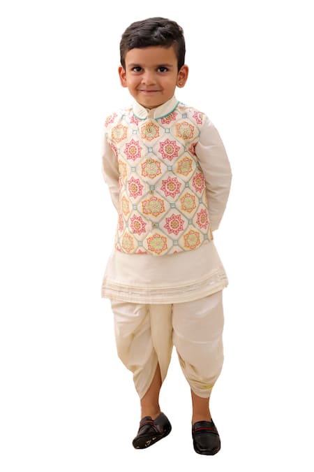 Shop_Lil Drama_Off White Polyurethane Embroidery Mishti Floral Pattern Nehru Jacket Kurta Set_Online_at_Aza_Fashions
