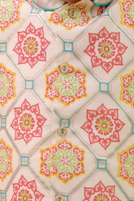 Lil Drama_Off White Polyurethane Embroidery Mishti Floral Pattern Nehru Jacket Kurta Set_at_Aza_Fashions