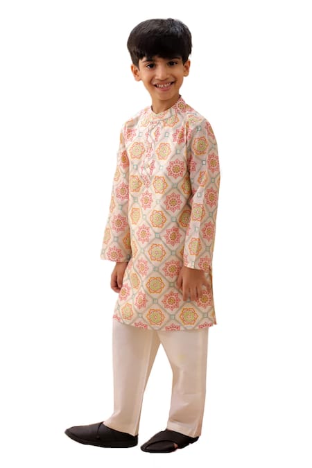 Buy_Lil Drama_Off White Polyester, Silk, Cotton Mishti Floral Pattern Kurta And Pant Set _Online_at_Aza_Fashions