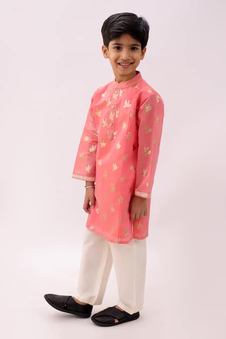 Buy_Lil Drama_Peach Chanderi, Polyester, Silk Mishti Floral Pattern Kurta And Pant Set _Online_at_Aza_Fashions