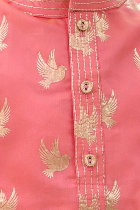 Shop_Lil Drama_Peach Chanderi, Polyester, Silk Mishti Floral Pattern Kurta And Pant Set _Online_at_Aza_Fashions