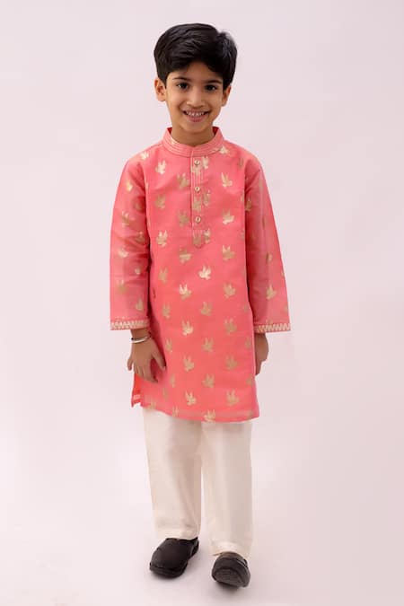 Lil Drama Peach Chanderi, Polyester, Silk Mishti Floral Pattern Kurta And Pant Set 