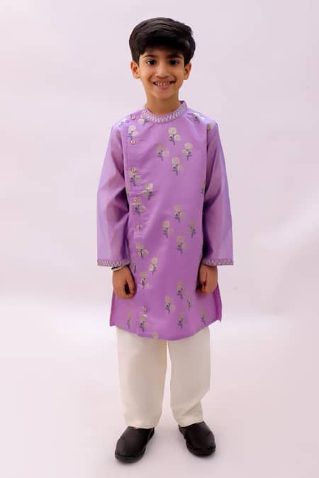 Lil Drama Purple Chanderi, Polyester, Silk Mishti Floral Pattern Kurta And Pant Set 