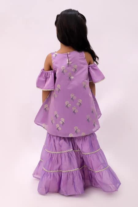 Shop Lil Drama Purple Chanderi, Cotton Embroidery Mishti Floral Pattern Kurta And Sharara Set at Aza Fashions Shop_Lil Drama_Purple Chanderi, Cotton Embroidery Mishti Floral Pattern Kurta And Sharara Set _at_Aza_Fashions