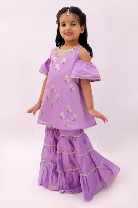 Lil Drama Purple Chanderi, Cotton Embroidery Mishti Floral Pattern Kurta And Sharara Set Online at Aza Fashions Lil Drama_Purple Chanderi, Cotton Embroidery Mishti Floral Pattern Kurta And Sharara Set _Online_at_Aza_Fashions