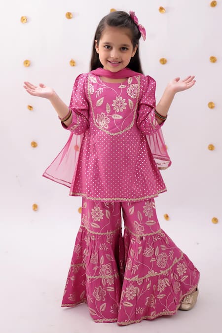 Lil Drama_Pink Rayon, Net Embroidery Khilkhilahat Floral Pattern Kurta Sharara Set _Online_at_Aza_Fashions