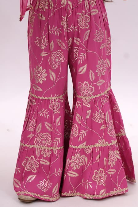 Shop_Lil Drama_Pink Rayon, Net Embroidery Khilkhilahat Floral Pattern Kurta Sharara Set _Online_at_Aza_Fashions