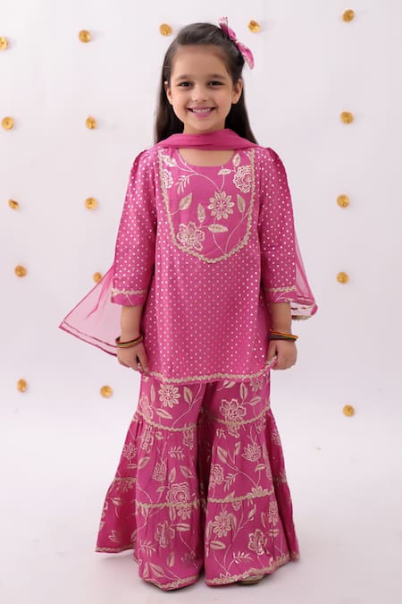 Lil Drama_Pink Rayon, Net Embroidery Khilkhilahat Floral Pattern Kurta Sharara Set _at_Aza_Fashions