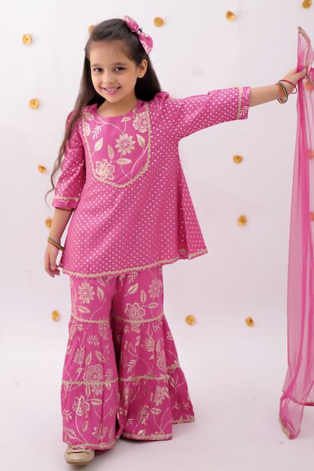 Buy_Lil Drama_Pink Rayon, Net Embroidery Khilkhilahat Floral Pattern Kurta Sharara Set 