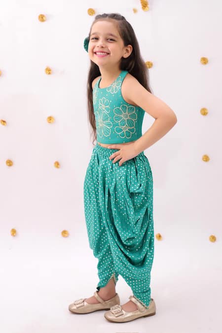 Lil Drama_Green Rayon Embroidery Khilkhilahat Floral Pattern Top And Dhoti Pant Set _Online_at_Aza_Fashions