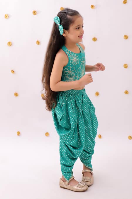 Shop_Lil Drama_Green Rayon Embroidery Khilkhilahat Floral Pattern Top And Dhoti Pant Set _Online_at_Aza_Fashions