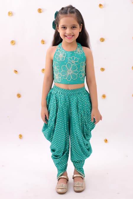 Buy_Lil Drama_Green Rayon Embroidery Khilkhilahat Floral Pattern Top And Dhoti Pant Set 