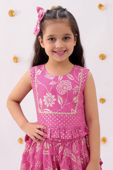 Buy_Lil Drama_Pink Rayon, Cotton Embroidery Khilkhilahat Floral Pattern Top And Dhoti Pant Set_Online_at_Aza_Fashions
