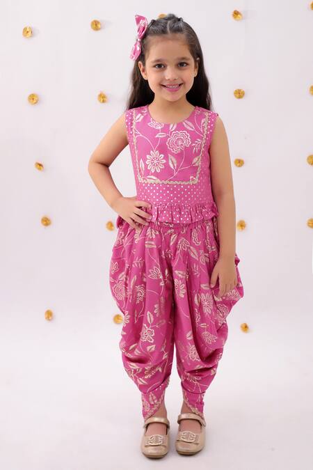 Shop_Lil Drama_Pink Rayon, Cotton Embroidery Khilkhilahat Floral Pattern Top And Dhoti Pant Set_Online_at_Aza_Fashions