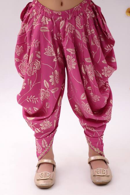 Lil Drama_Pink Rayon, Cotton Embroidery Khilkhilahat Floral Pattern Top And Dhoti Pant Set_at_Aza_Fashions