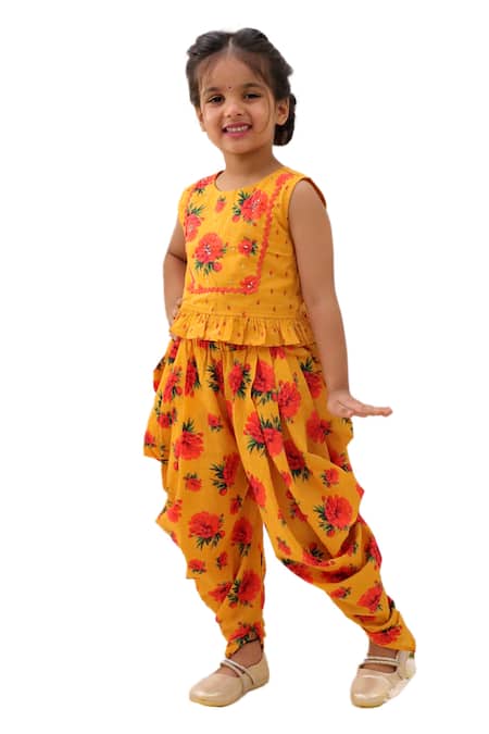 Lil Drama_Mustard Cotton Sequins, Genda Phool Floral Pattern Crop Top And Dhoti Pant Set _Online_at_Aza_Fashions