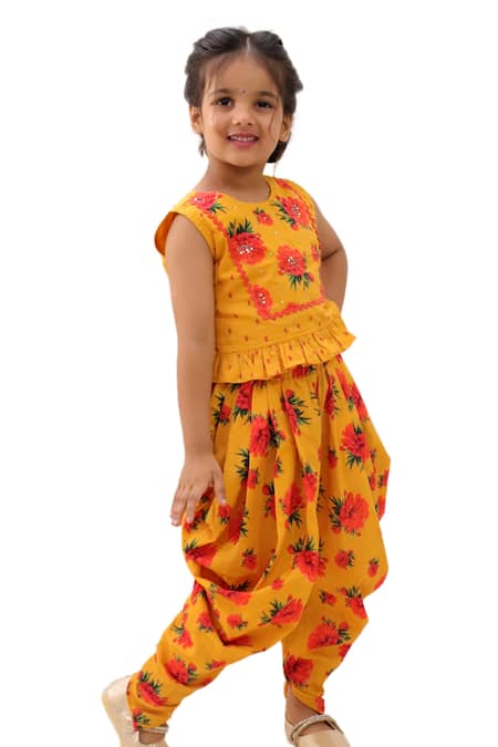 Buy_Lil Drama_Mustard Cotton Sequins, Genda Phool Floral Pattern Crop Top And Dhoti Pant Set _Online_at_Aza_Fashions