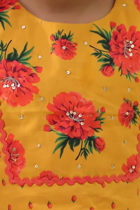 Lil Drama_Mustard Cotton Sequins, Genda Phool Floral Pattern Crop Top And Dhoti Pant Set _at_Aza_Fashions