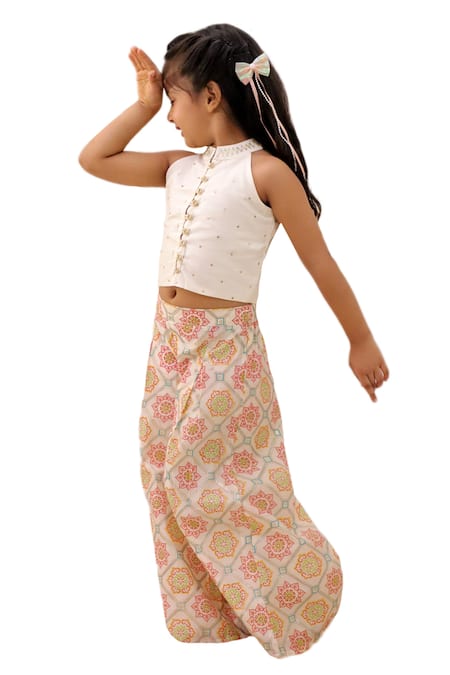Buy_Lil Drama_Off White Polyester, Silk, Cotton Sequins Mishti Top And Floral Pattern Pant Set _Online_at_Aza_Fashions