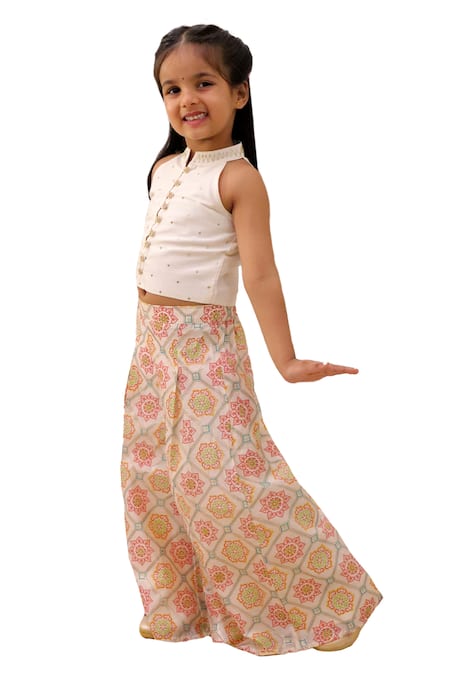 Shop_Lil Drama_Off White Polyester, Silk, Cotton Sequins Mishti Top And Floral Pattern Pant Set _Online_at_Aza_Fashions