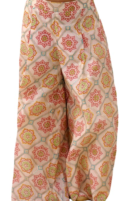 Lil Drama_Off White Polyester, Silk, Cotton Sequins Mishti Top And Floral Pattern Pant Set _at_Aza_Fashions