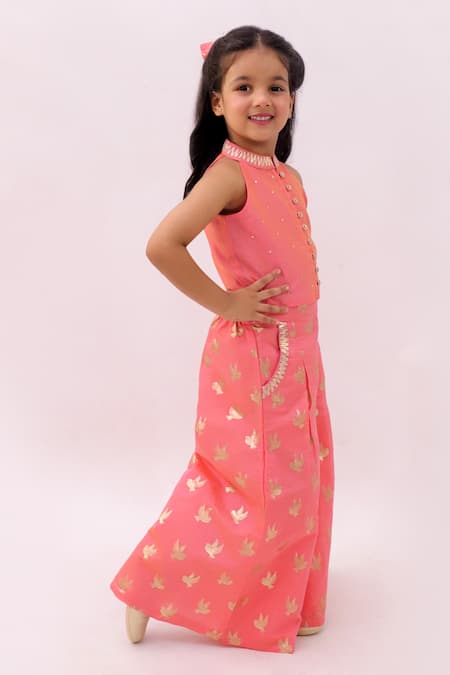 Lil Drama_Peach Chanderi, Cotton Embroidery, Sequins Mishti Top And Floral Pattern Pant Set _Online_at_Aza_Fashions