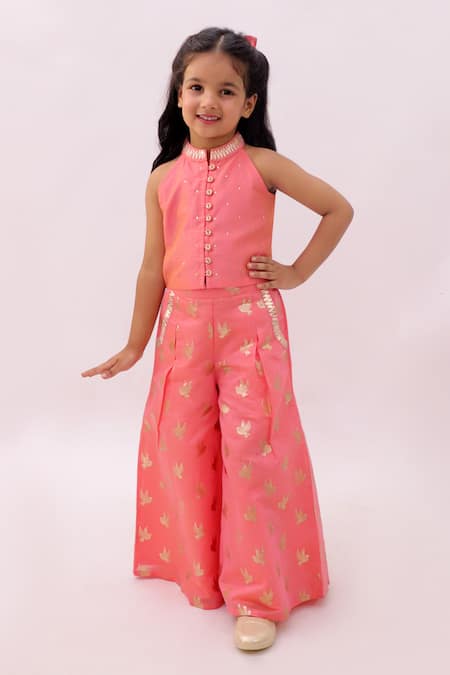 Buy_Lil Drama_Peach Chanderi, Cotton Embroidery, Sequins Mishti Top And Floral Pattern Pant Set _Online_at_Aza_Fashions