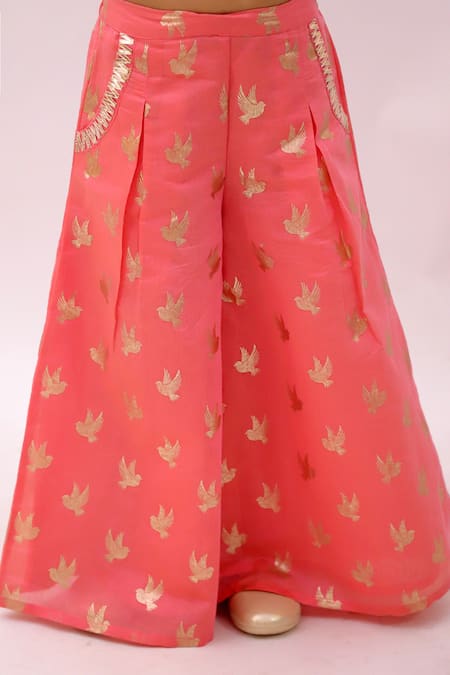 Shop_Lil Drama_Peach Chanderi, Cotton Embroidery, Sequins Mishti Top And Floral Pattern Pant Set _Online_at_Aza_Fashions