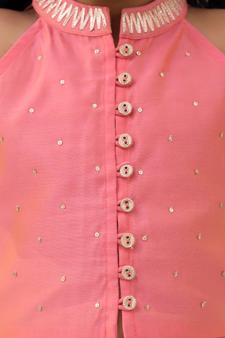 Lil Drama_Peach Chanderi, Cotton Embroidery, Sequins Mishti Top And Floral Pattern Pant Set _at_Aza_Fashions