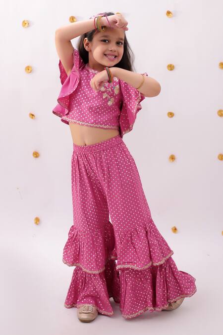 Lil Drama_Pink Rayon Embroidery Khilkhilahat Top And Floral Pattern Flared Pant Set _Online_at_Aza_Fashions