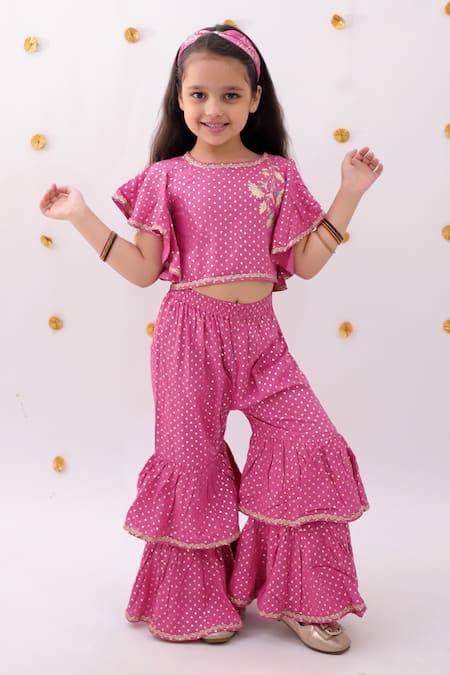 Buy_Lil Drama_Pink Rayon Embroidery Khilkhilahat Top And Floral Pattern Flared Pant Set _Online_at_Aza_Fashions