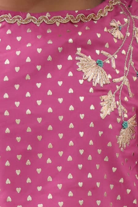 Shop_Lil Drama_Pink Rayon Embroidery Khilkhilahat Top And Floral Pattern Flared Pant Set _Online_at_Aza_Fashions
