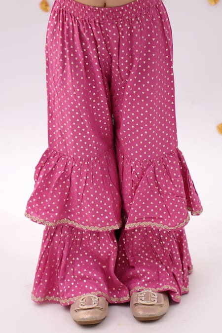 Lil Drama_Pink Rayon Embroidery Khilkhilahat Top And Floral Pattern Flared Pant Set _at_Aza_Fashions