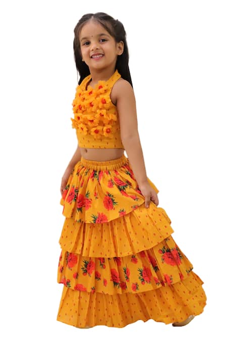 Lil Drama Mustard Cotton Ruffles, Fabric Flowers Floral Applique Blouse With Lehenga Online at Aza Fashions Lil Drama_Mustard Cotton Ruffles, Fabric Flowers Floral Applique Blouse With Lehenga _Online_at_Aza_Fashions