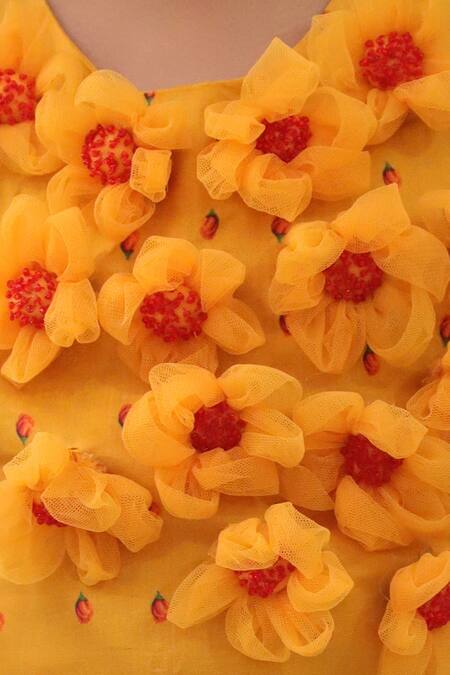 Buy Lil Drama Mustard Cotton Ruffles, Fabric Flowers Floral Applique Blouse With Lehenga Online at Aza Fashions Buy_Lil Drama_Mustard Cotton Ruffles, Fabric Flowers Floral Applique Blouse With Lehenga _Online_at_Aza_Fashions