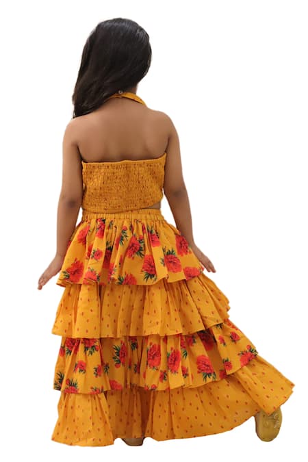 Shop Lil Drama Mustard Cotton Ruffles, Fabric Flowers Floral Applique Blouse With Lehenga at Aza Fashions Shop_Lil Drama_Mustard Cotton Ruffles, Fabric Flowers Floral Applique Blouse With Lehenga _at_Aza_Fashions