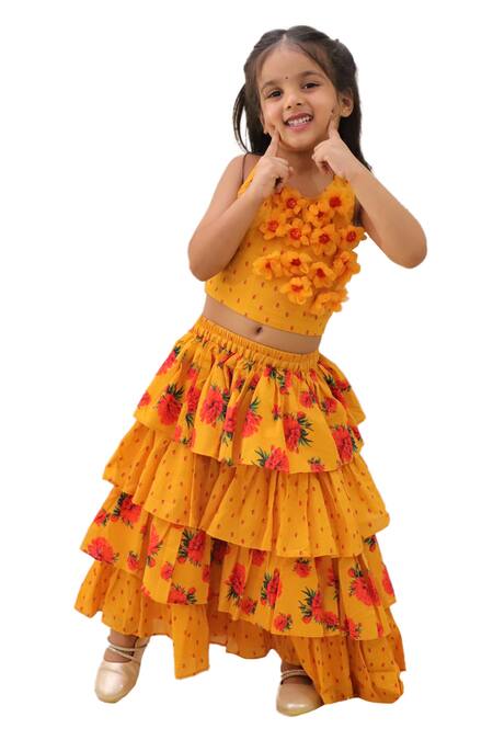 Shop Lil Drama Mustard Cotton Ruffles, Fabric Flowers Floral Applique Blouse With Lehenga Online at Aza Fashions Shop_Lil Drama_Mustard Cotton Ruffles, Fabric Flowers Floral Applique Blouse With Lehenga _Online_at_Aza_Fashions