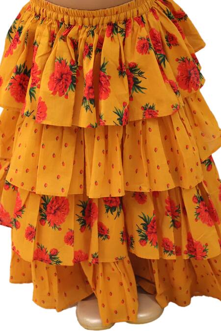 Lil Drama Mustard Cotton Ruffles, Fabric Flowers Floral Applique Blouse With Lehenga at Aza Fashions Lil Drama_Mustard Cotton Ruffles, Fabric Flowers Floral Applique Blouse With Lehenga _at_Aza_Fashions