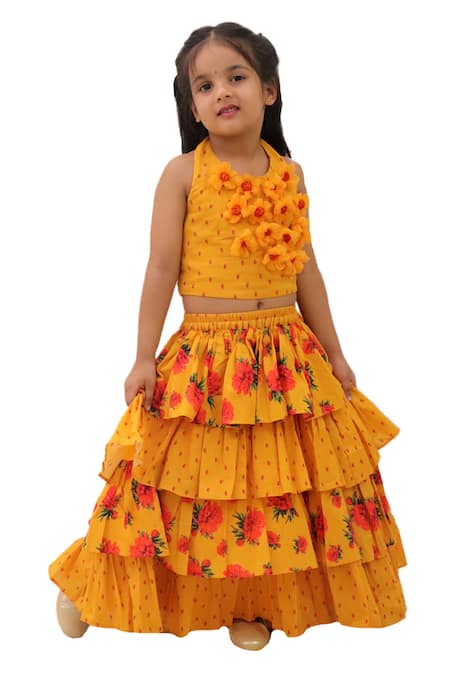 Buy Lil Drama Mustard Cotton Ruffles, Fabric Flowers Floral Applique Blouse With Lehenga Buy_Lil Drama_Mustard Cotton Ruffles, Fabric Flowers Floral Applique Blouse With Lehenga