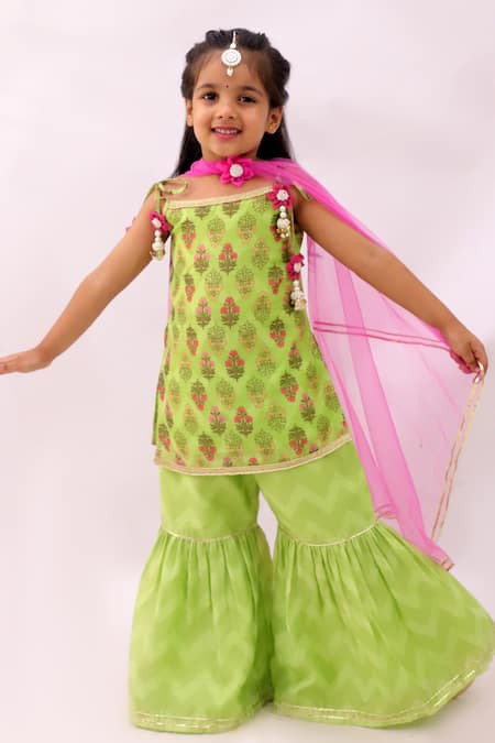Lil Drama Green Chanderi, Net Fabric Flowers Khilkhilahat Floral Pattern Kurta Sharara Set 