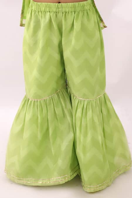 Lil Drama_Green Chanderi, Net Fabric Flowers Khilkhilahat Floral Pattern Kurta Sharara Set _Online_at_Aza_Fashions