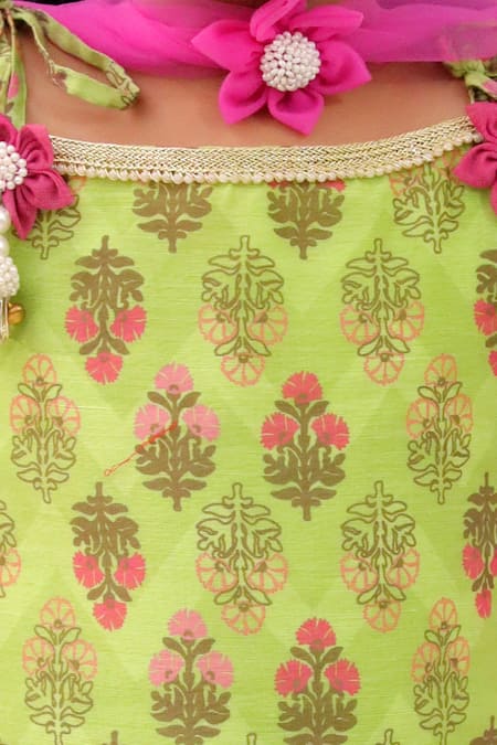 Shop_Lil Drama_Green Chanderi, Net Fabric Flowers Khilkhilahat Floral Pattern Kurta Sharara Set _Online_at_Aza_Fashions