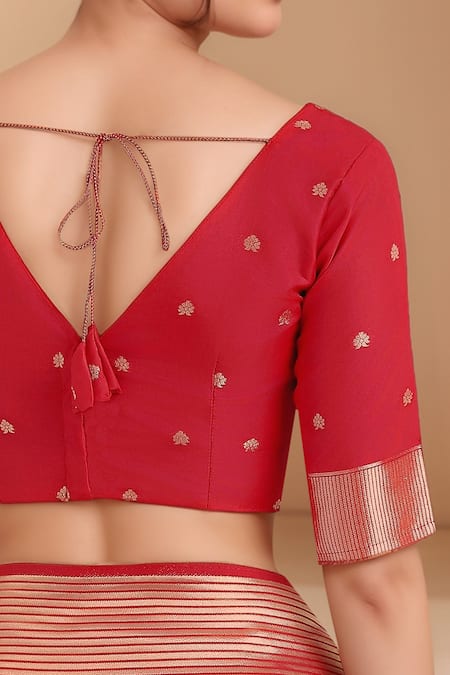 Shop_Samyukta Singhania_Red Embroidery, Zari V-neck Woven Banarasi Silk Saree With Blouse 