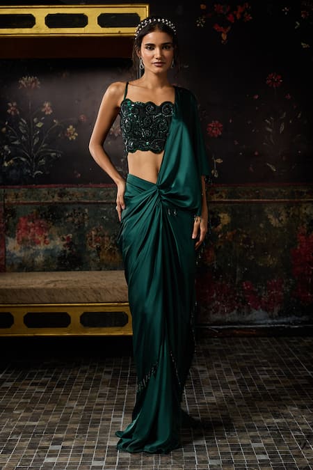 Diyarajvvir_Green Tulle, Satin Tassels, Pre-draped Dhoti Saree And Embellished Blouse Set _Online_at_Aza_Fashions