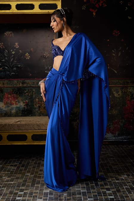 Diyarajvvir_Blue Satin, Tulle Sequins, Tassels, Pre-draped Saree With Embellished Blouse _Online_at_Aza_Fashions