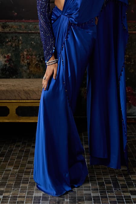 Buy_Diyarajvvir_Blue Satin, Tulle Sequins, Tassels, Pre-draped Saree With Embellished Blouse _Online_at_Aza_Fashions