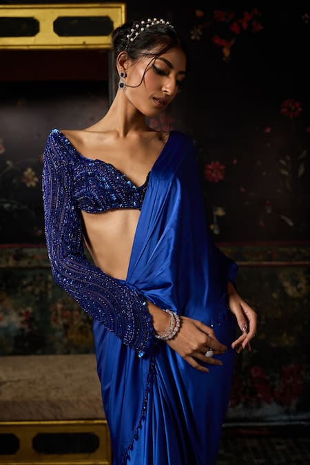 Shop_Diyarajvvir_Blue Satin, Tulle Sequins, Tassels, Pre-draped Saree With Embellished Blouse _Online_at_Aza_Fashions