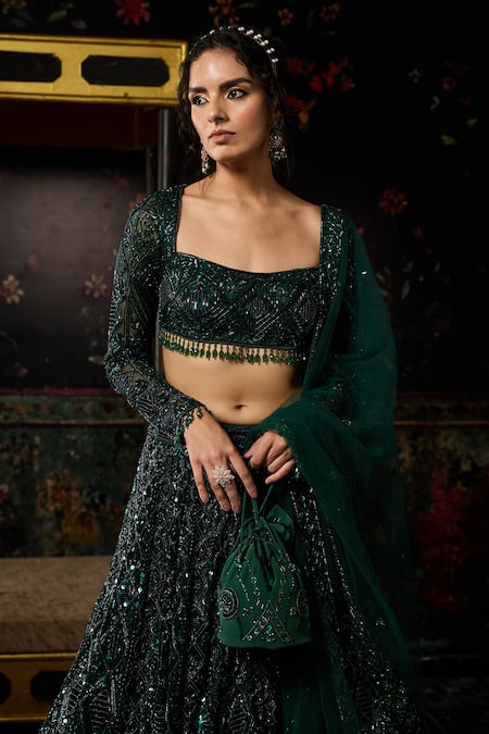 Diyarajvvir_Green Tulle Sequins, Embroidery Square Neck Embellished Lehenga Set _Online_at_Aza_Fashions