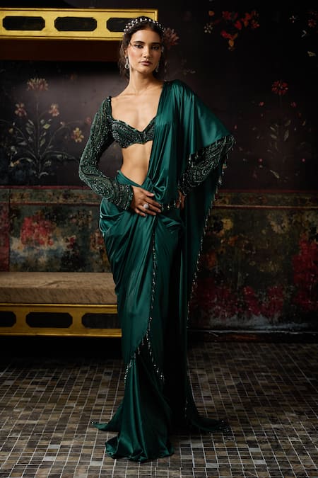 Diyarajvvir Green Tulle, Satin Tassels, Pre-draped Dhoti Saree And Embellished Blouse Set 
